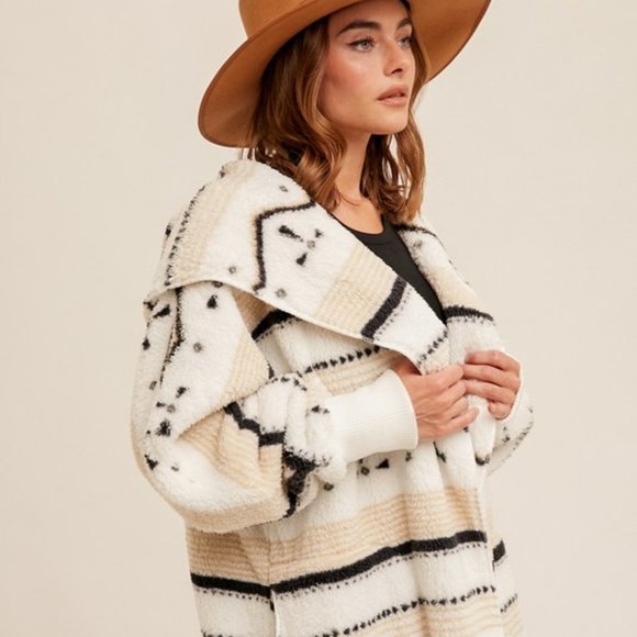 New Cozy Oversized Teddy Hooded Cardigan Sweater Coat / Western Southwest - Picture 3 of 8